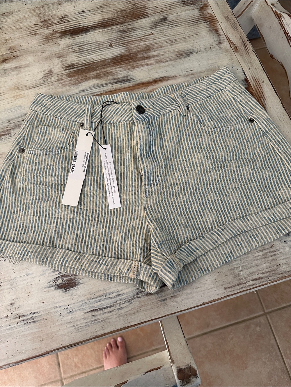 Madewell Blue and White Striped Roll-Hem Jean Shorts